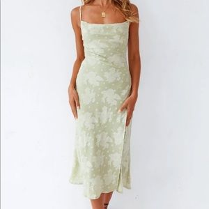 FLORAL LIGHT GREEN COWL NECK HIGH SLIT SLIP MIDI DRESS - Wedding Guest
